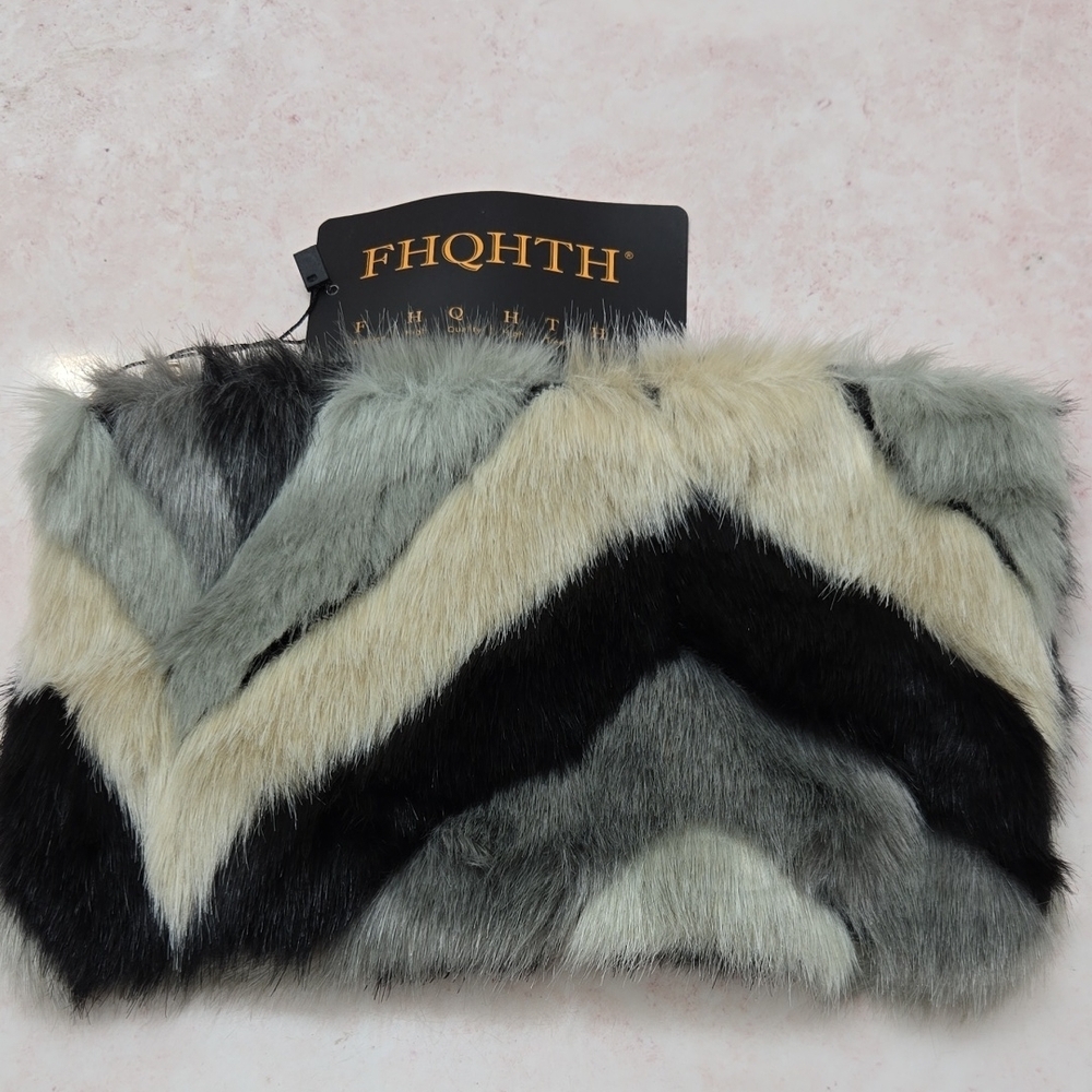 Faux Fur Handbag - Gray, Black & Tan w/ Chain